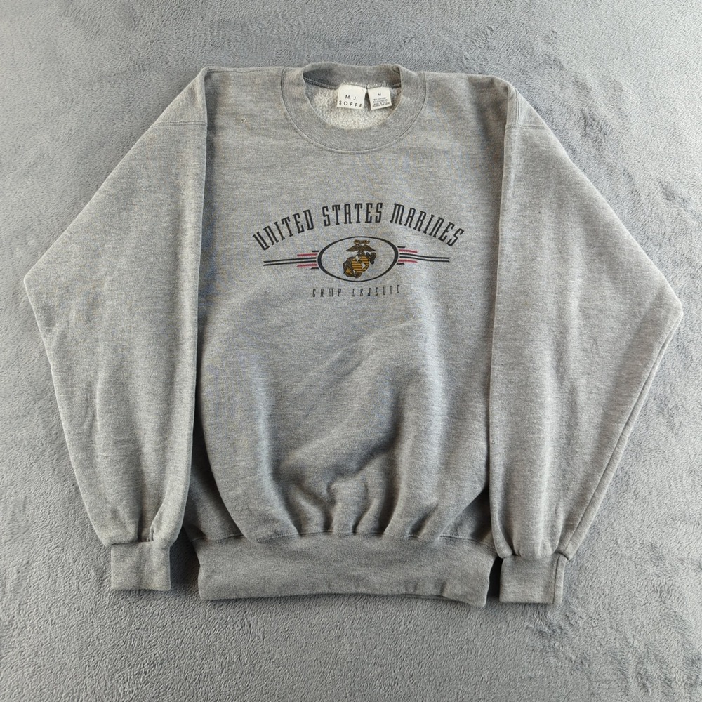 Vintage 90s US Marine Corps Sweatshirt Mens Medium Gray Camp Lejeune‎ MJ Soffe